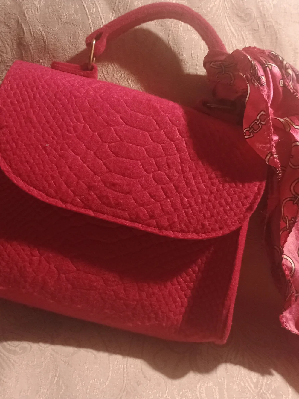 Structured Red Textured Satchel with Scarf Accent
